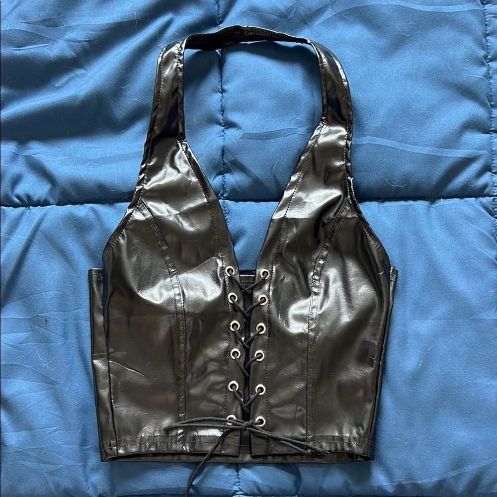Black Faux Leather Halter Crop Top Lace Up Open Back Going Out Top
